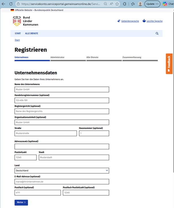 E-Rechnung GemeinsamOnline Unternehmensdaten
